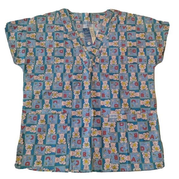 liana Tops Liana Printed Scrub Top Size S Blue Teddy Bear Abcs School Kids Pediatrics New